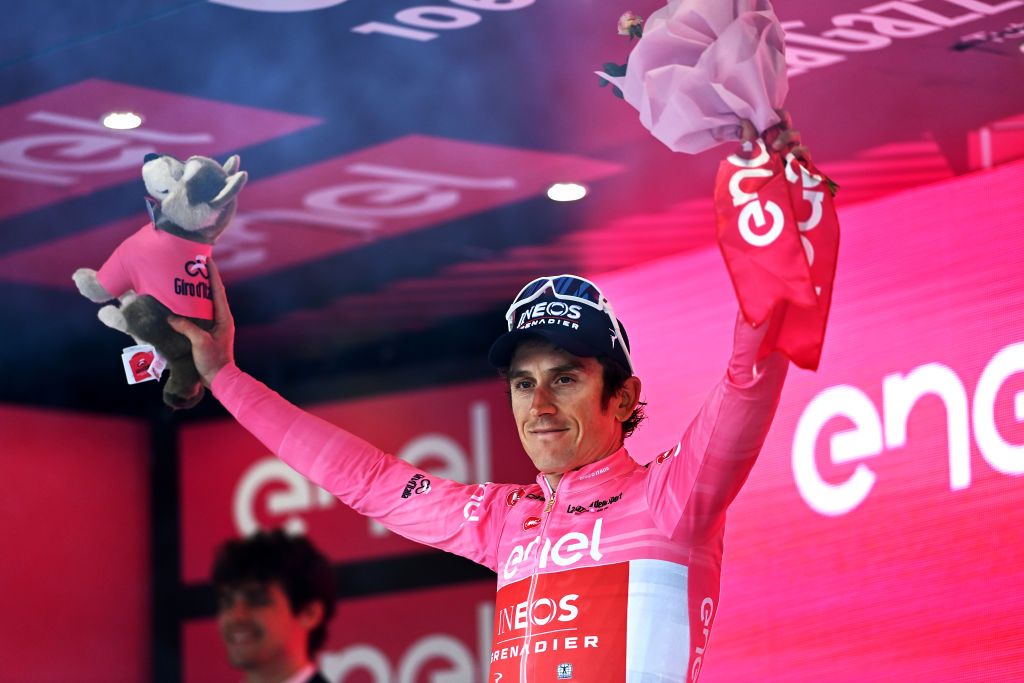 TORTONA ITALY MAY 17 Geraint Thomas of The United Kingdom and Team INEOS Grenadiers celebrates at podium as Pink Leader Jersey winner during the 106th Giro dItalia 2023 Stage 11 a 219km stage from Camaiore to Tortona UCIWT on May 17 2023 in Tortona Italy Photo by Tim de WaeleGetty Images