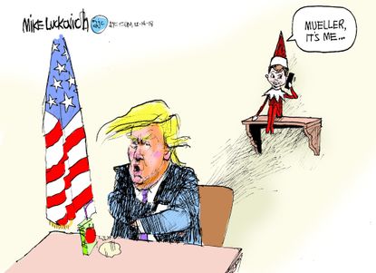 Political cartoon U.S. Trump Elf on the shelf spy Mueller investigation