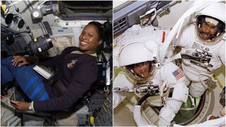 two side-by-side photos showing astronauts aboard the space shuttle
