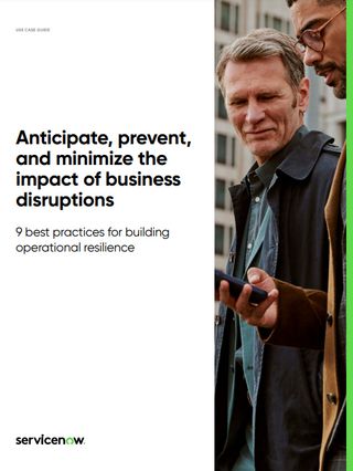 Whitepaper: Anticipate, prevent, and minimize the impact of business disruptions, with image of two male colleagues in coats looking at a mobile phone
