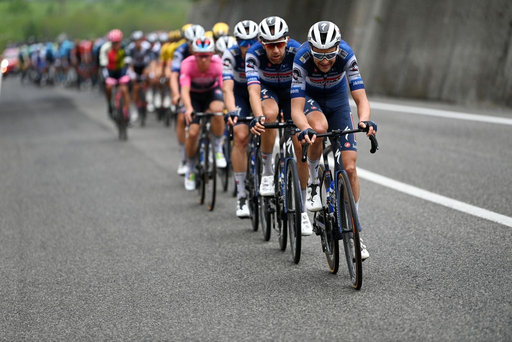 LAGO LACENOBAGNOLI IRPINO ITALY MAY 09 LR Josef ern of Czech Republic and Pieter Serry of Belgium and Team Soudal Quick Step lead the peloton during the 106th Giro dItalia 2023 Stage 4 a 175km stage from Venosa to Lago Laceno 1059m Bagnoli Irpino UCIWT on May 09 2023 in Lago Laceno 1059m Bagnoli Irpino Italy Photo by Tim de WaeleGetty Images