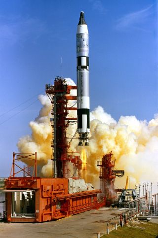 The launch of Gemini 5 on Aug. 21, 1965 from Complex 19 at Cape Kennedy, Florida.