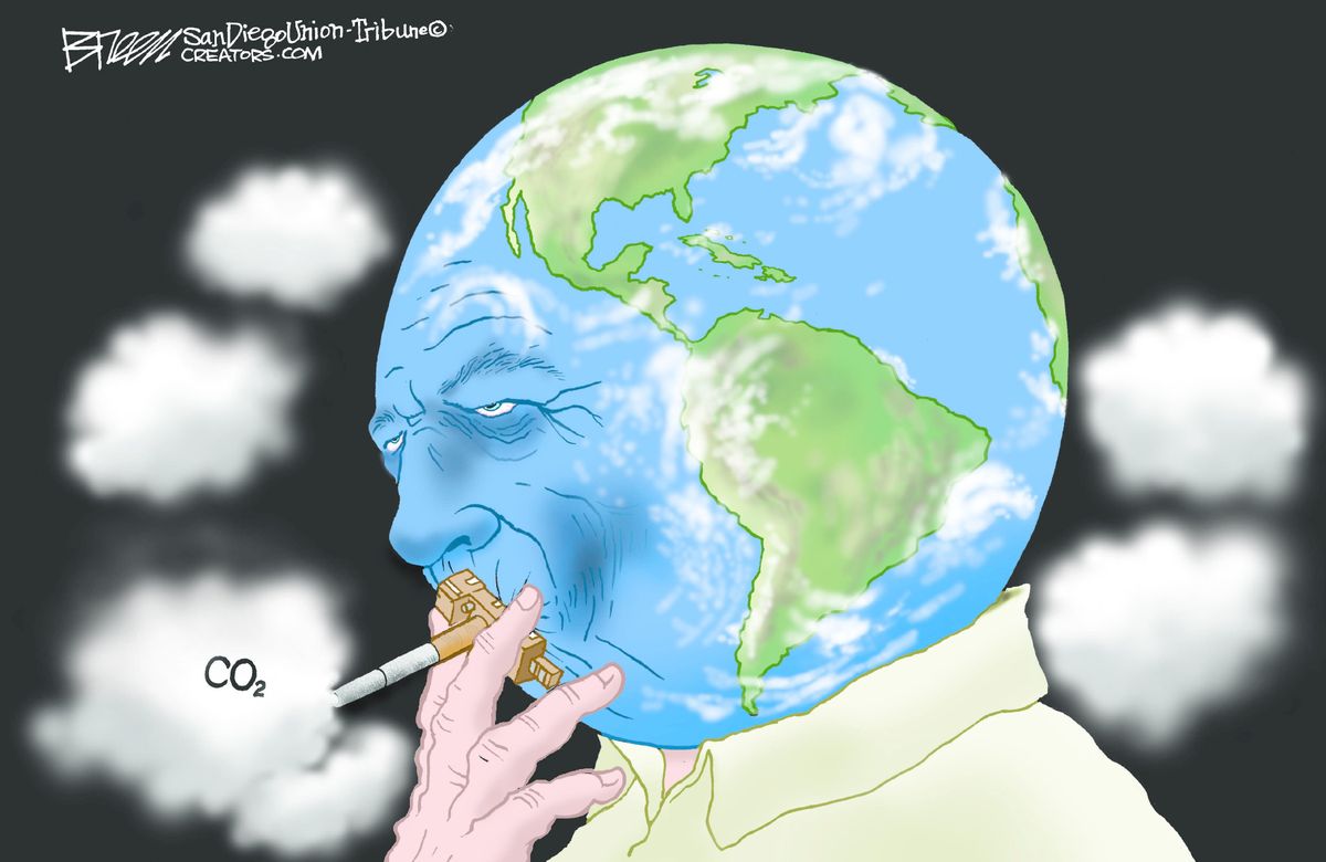 Editorial cartoon world earth smoking cigarette carbon dioxide climate  change