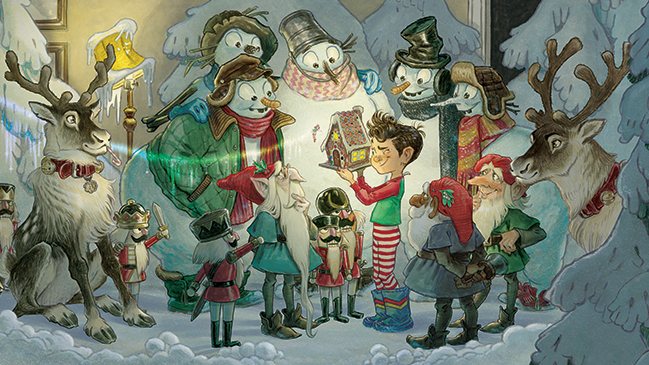 Book illustrations; A cluster of snowmen with a boy and some reindeer
