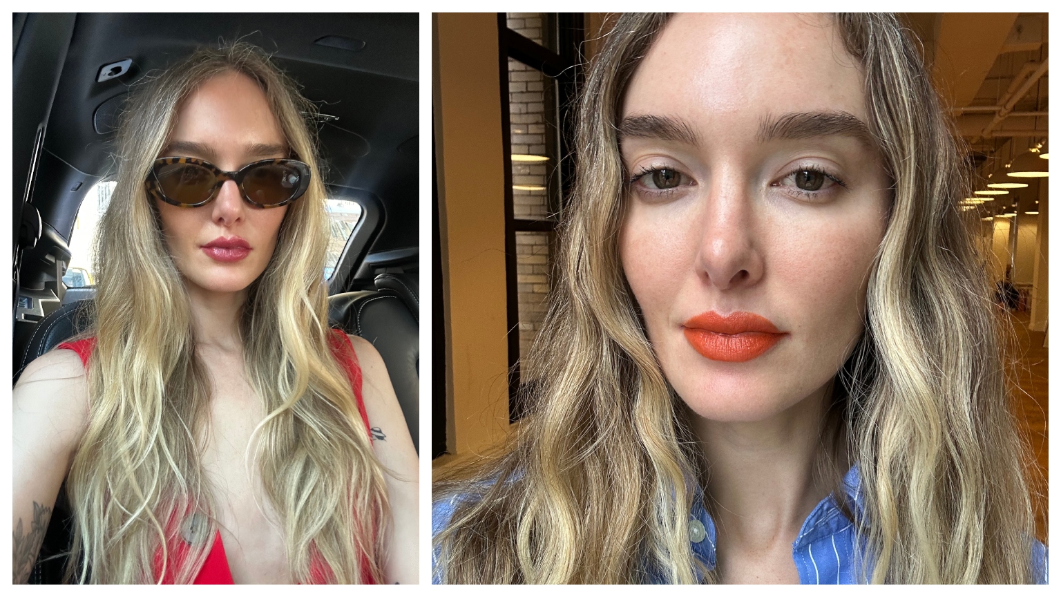 Hannah Baxter wears a pinky-red lip color with sunglasses and a red dress (left). Hannah Baxter wears an orange-red lipstick color and a blue striped shirt (right).