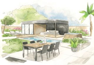 Sketch of garden with dining area, pool, hot tub and covered seating area