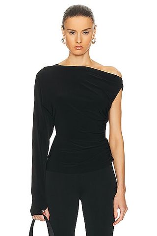 One Sleeve Drop Shoulder Side Drape Top