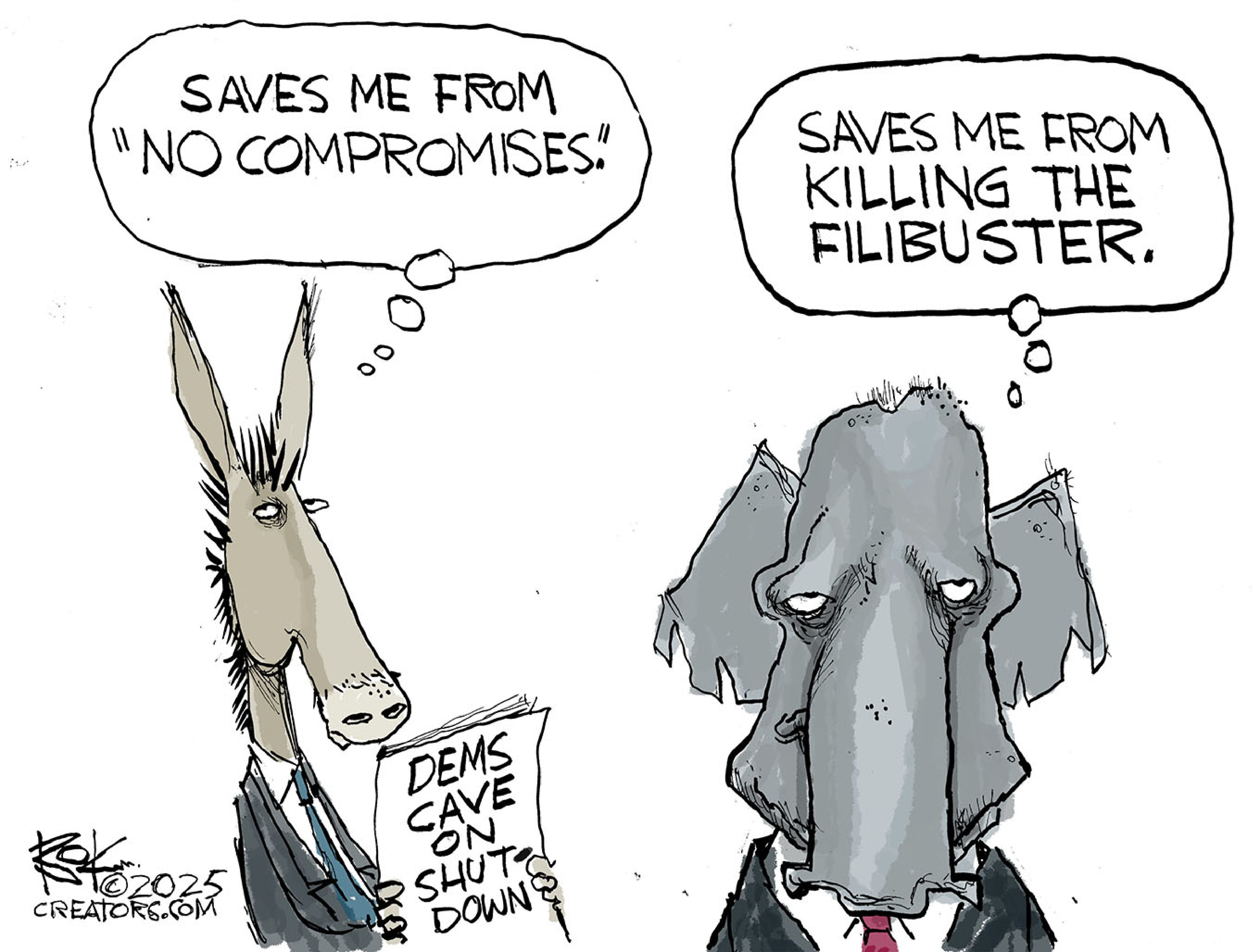 A donkey and an elephant are thinking to themselves in this cartoon. The donkey holds a newspaper that reads &amp;ldquo;Dems Cave on Shut-Down&amp;rdquo; and thinks to himself, &amp;ldquo;Saves me from &amp;lsquo;no compromises.&amp;rsquo;&amp;rdquo; The elephant thinks, &amp;ldquo;Saves me from killing the filibuster.&amp;rdquo;