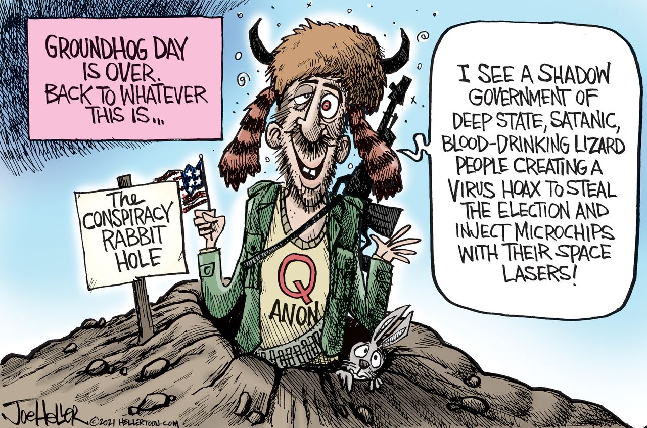 Political Cartoon U.S. qanon groundhogs day