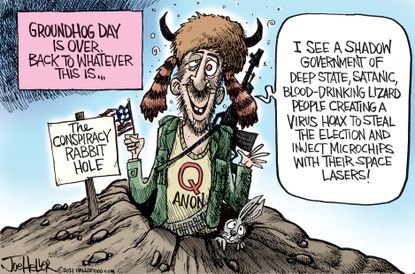 Political Cartoon U.S. qanon groundhogs day