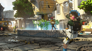 A voxelly player-characters runs into frame wielding a rocket launcher, squaring off against another player running along the wall of a decorative fountain.