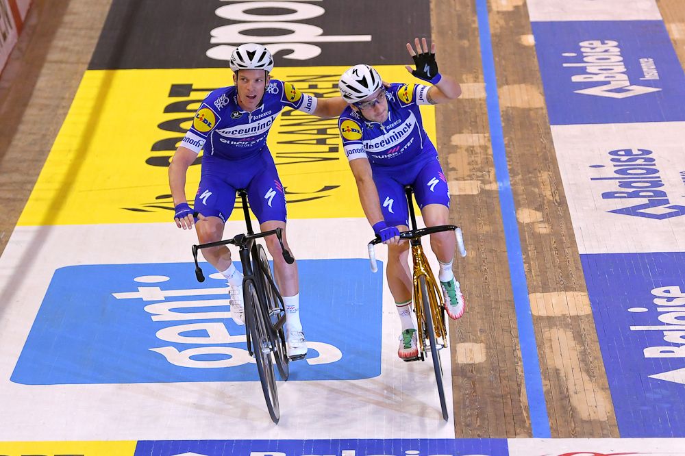 Iljo Keisse and Elia Viviani celebrate winning the 2018 Gent Six