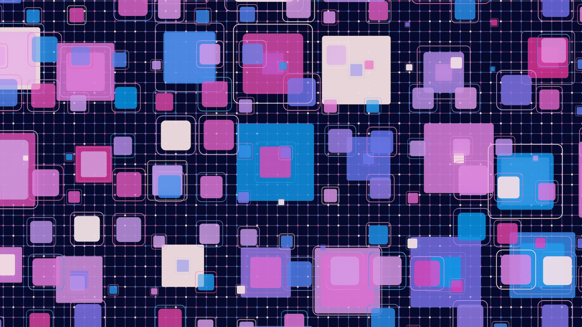 An abstract graphic illustration of purple, pink, and blue squares and dots