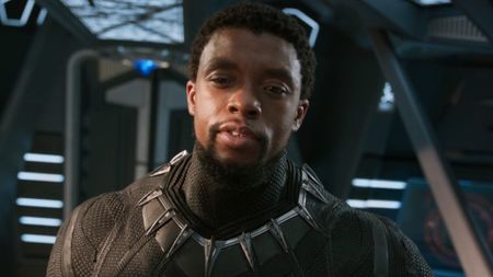 King T'Challa (Chadwick Boseman) looks on in Black Panther.