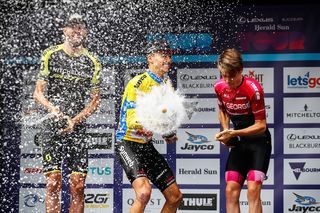 Champagne time for third-placed Damien Howson (Mitchelton-Scott), overall 2020 Herald Sun Tour winner Jai Hindley (Sunweb) and second-placed Sebastian Berwick (St George Continental)