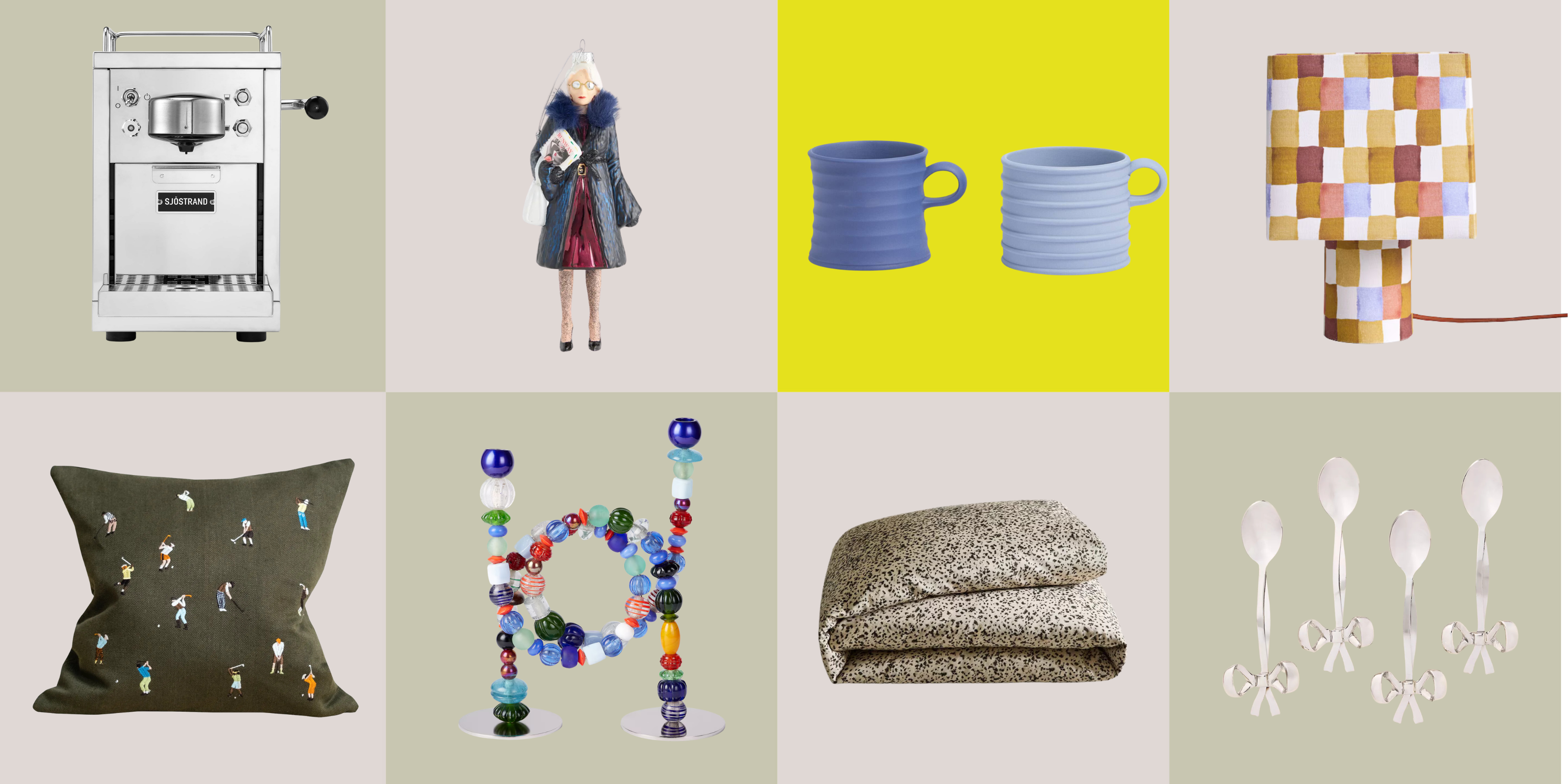 collage of homewares including silver pod coffee machine, miranda priestly christmas ornament, blue mugs, check pattern fabric table lamp, cushion cover with embroidered, beaded candle holder, dalmatian print bedding, bow spoons