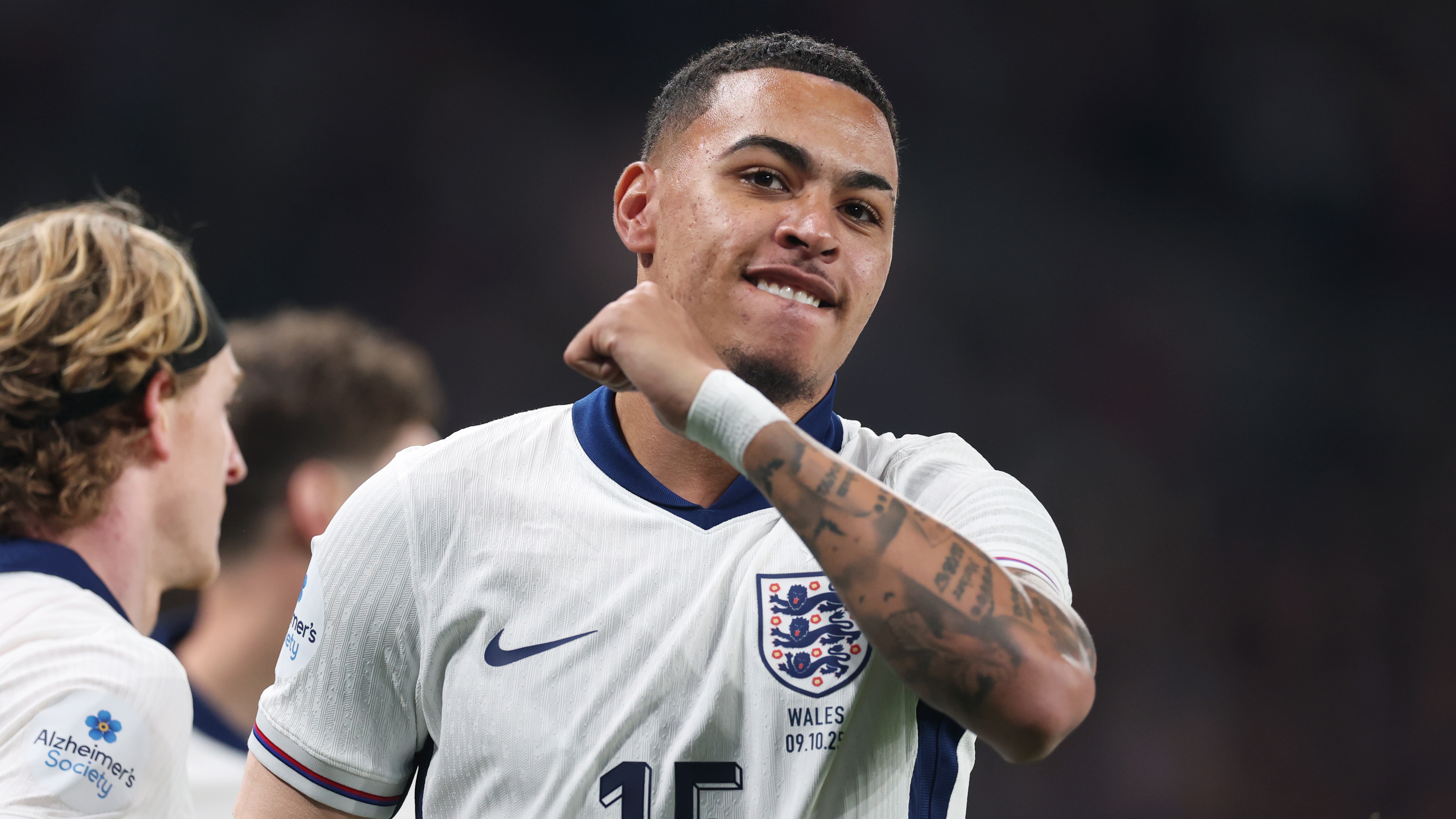 Morgan Rogers of England celebrates scoring his team&#039;s first goal during the International Friendly between England and Wales at Wembley Stadium on October 09, 2025 in London, England.