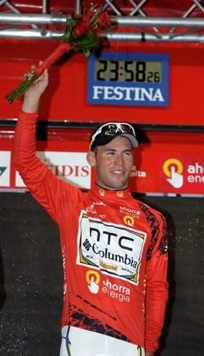 Mark Cavendish (HTC-Columbia) in the red leader's jersey after the opening stage of the Vuelta a Espana.