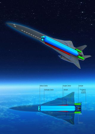 A model of the EADS Zero Emission Hypersonic Transportation, or ZHEST, passenger plane concept is shown at the 2011 Paris Air Show on June 20, 2011.