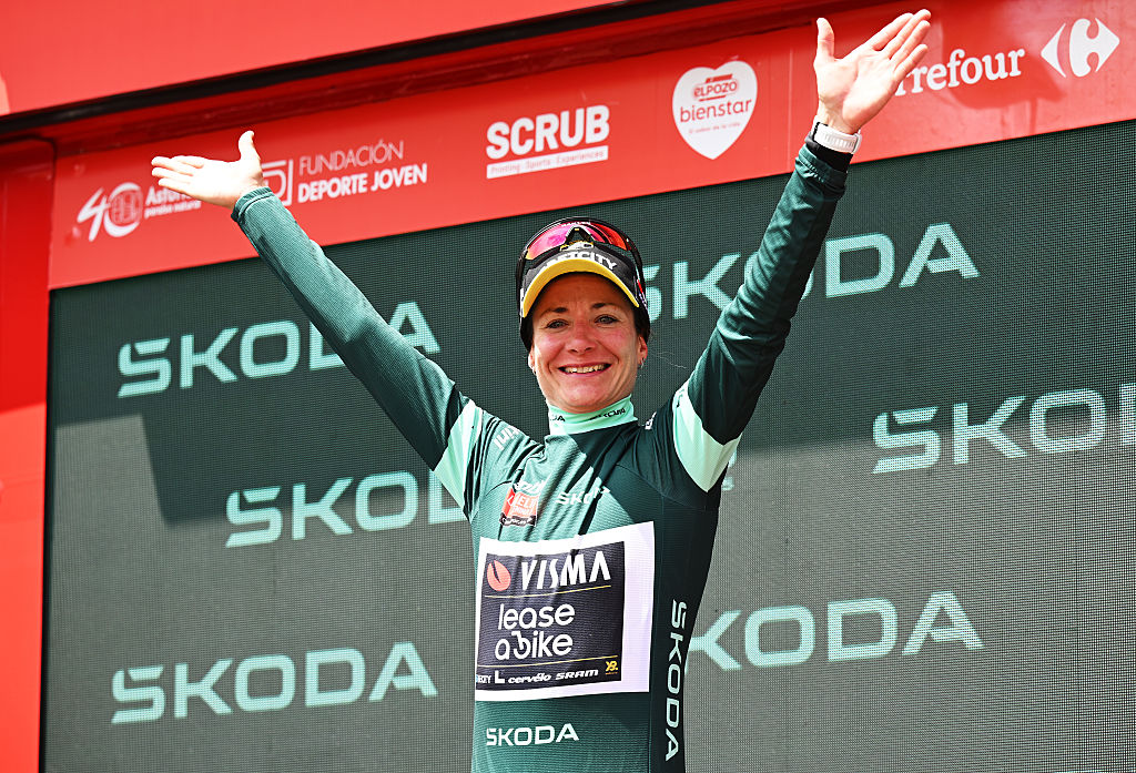 BALTANAS SPAIN MAY 09 Marianne Vos of Netherlands and Team Visma Lease a Bike Green points jersey celebrates at podium during the 11th La Vuelta Femenina 2025 Stage 6 a 1267km stage from Becerril de Campos to Baltanas UCIWT on May 09 2025 in Baltanas Spain Photo by Szymon GruchalskiGetty Images