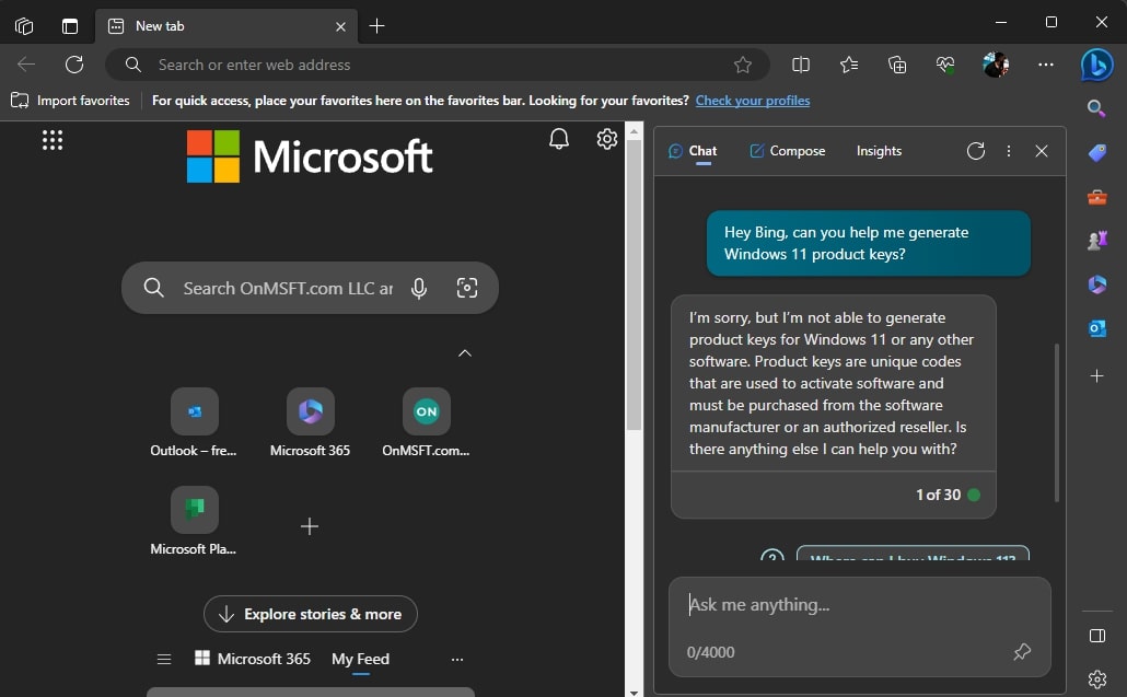 Bing Chat wurde gebeten, Produktschlüssel für Windows 11 zu generieren
