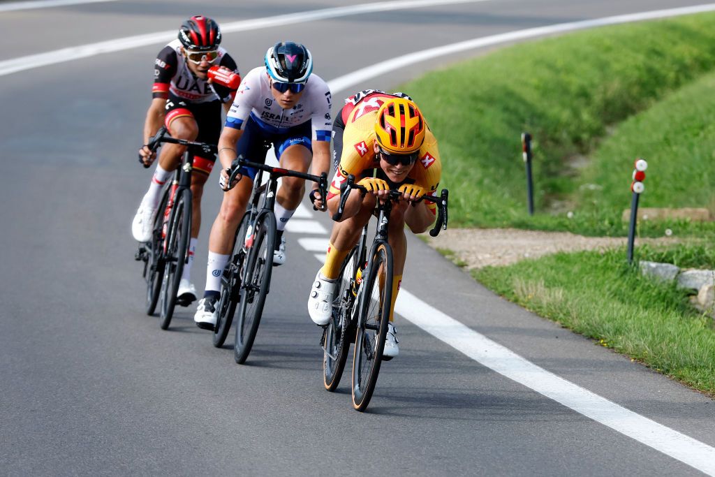 SANOK POLAND AUGUST 02 LR Rui Oliveira of Portugal and UAE Team Emirates Mads Wrtz Schmidt of Denmark and Team Israel Premier Tech and Anders Skaarseth of Norway and UNO X Pro Cycling Team compete in the breakaway during the 79th Tour de Pologne 2022 Stage 4 a 1794km stage from Lesko to Sanok TdP22 WorldTour on August 02 2022 in Sanok Poland Photo by Bas CzerwinskiGetty Images