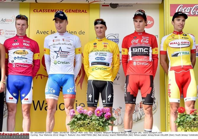 The final classification winners: Zico Waeytens (Sprints), Kevin Van Melsen (mountains), Gianni Meersman (overall and points), Silvan Dillier (young) and Maxime Anciaux (Combativity)