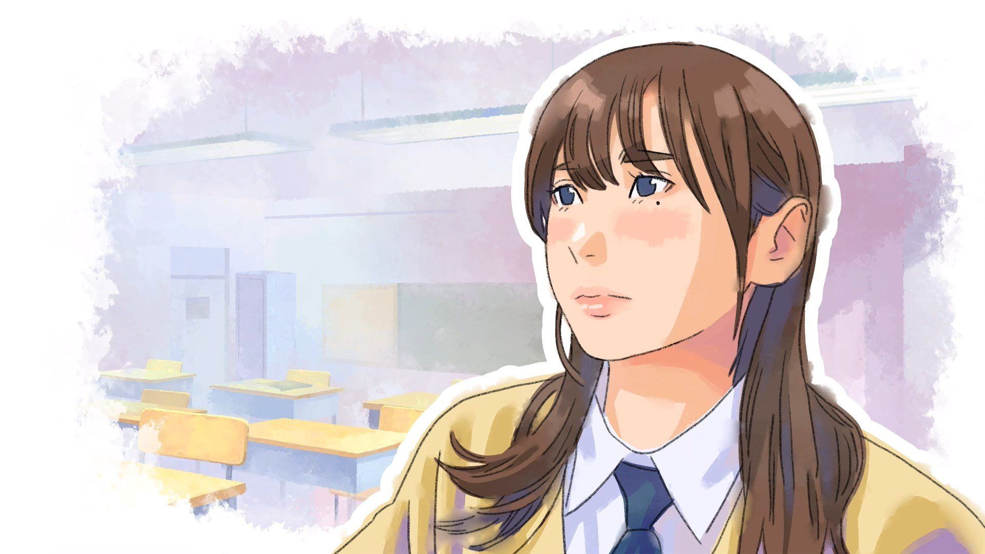 Screenshot from Dear me, I was&#039; announcement trailer, showing a woman in a necktie sitting in what looks like a class room.