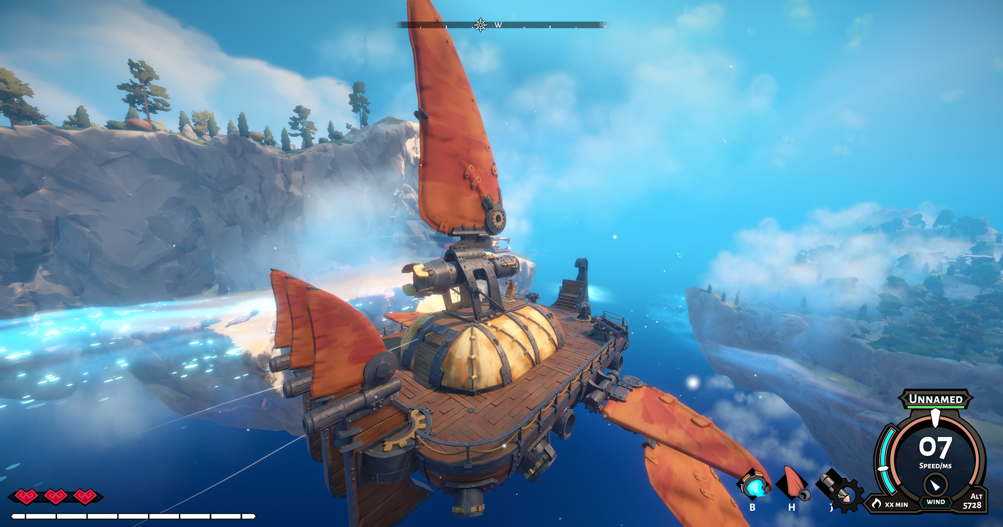 A squat airship with a series of fin-like sails soars between floating islands in Echoes of Elysium.