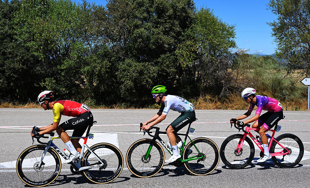 ZARAGOZA, SPAIN - AUGUST 30: (L-R) Sergio Samitier of Spain and Team Cofidis, Joan Bou of Spain and Team Caja Rural - Seguros RGA and Jose Luis Faura of Spain and Team Burgos Burpellet BH compete in the breakaway during the La Vuelta - 80th Tour of Spain 2025, Stage 8 a 163.5km stage from Monzon Templario to Zaragoza / #UCIWT / on August 30, 2025 in Zaragoza, Spain. (Photo by Tim de Waele/Getty Images)