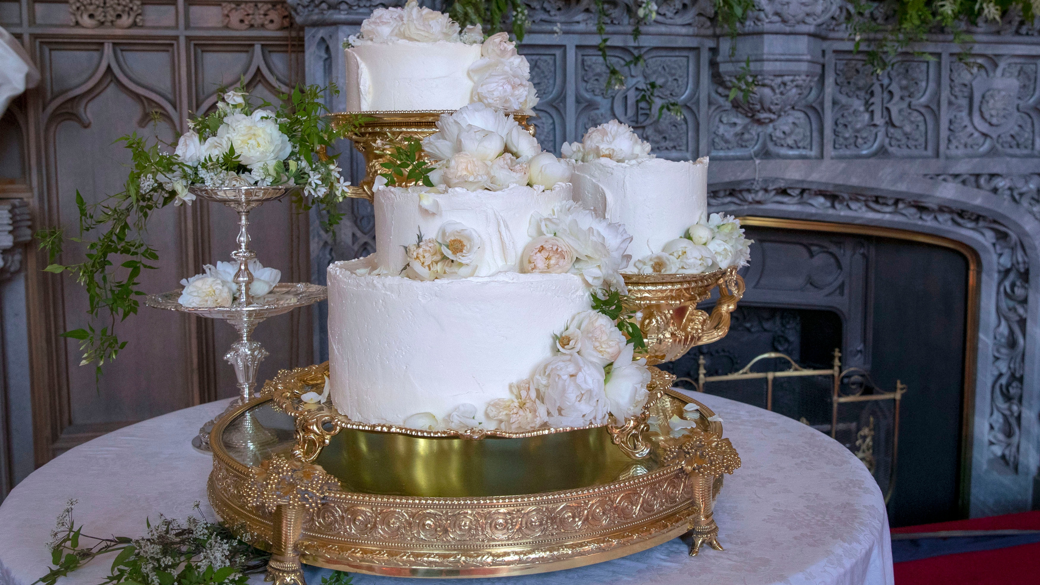 The wedding cake by Claire Ptak of London-based bakery Violet Cakes in Windsor Castle for the royal wedding of Meghan and Prince Harry on May 19, 2018
