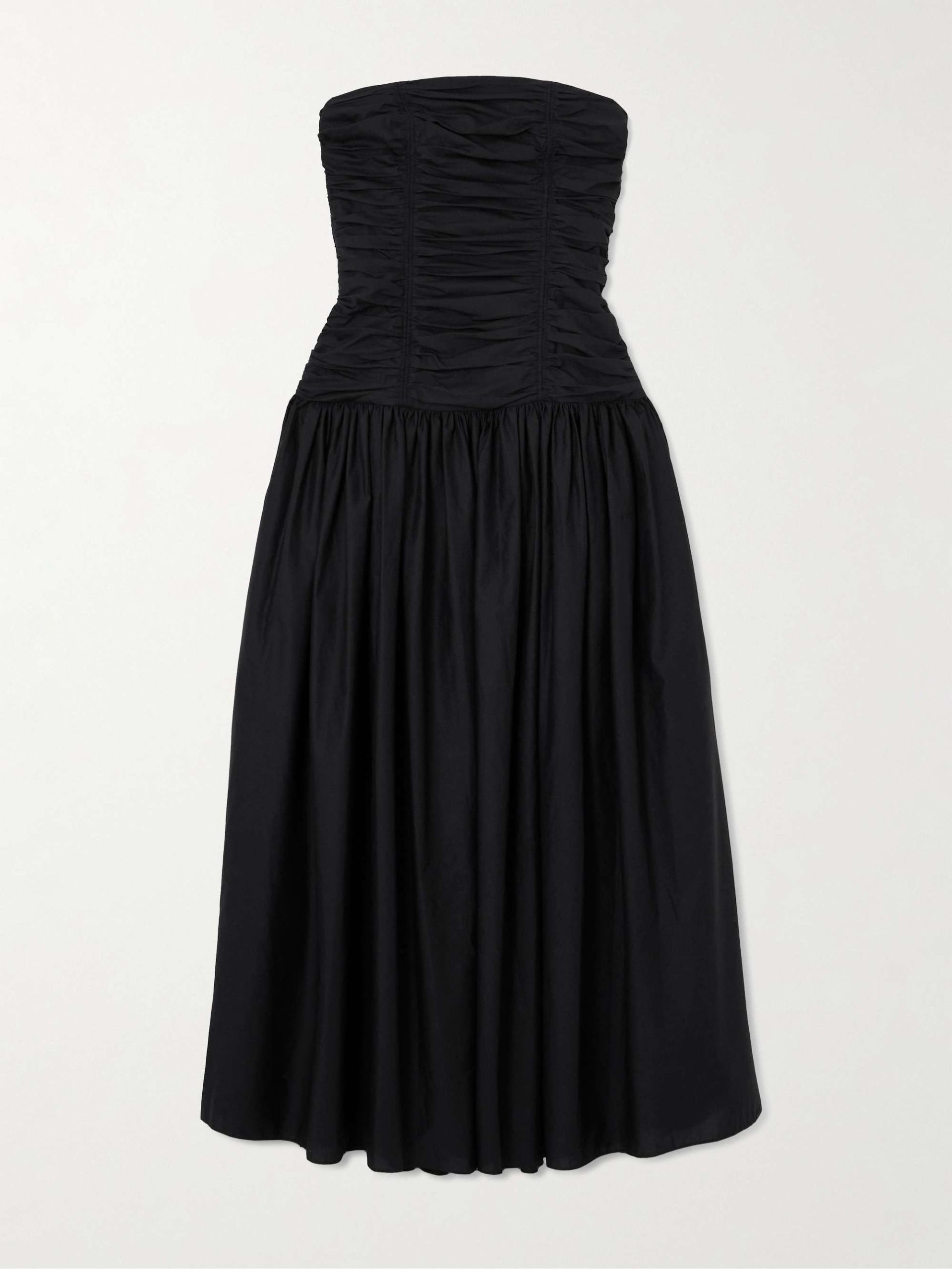 Strapless Ruched Organic Cotton-Poplin Midi Dress
