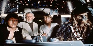 Han Solo, Obi-Wan, Luke, and Chewbacca in Star Wars: A New Hope