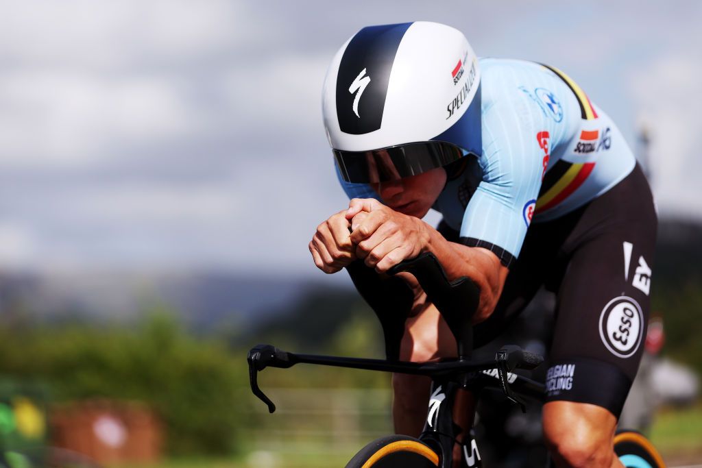 Remco Evenepoel (Belgium) on his way to winning the elite men's time trial at the 2023 UCI World Championships in Glasgow