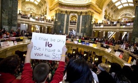 Protesters take over the Madison, Wisc. State Capital Wednesday in an angry reaction to Gov. Scott Walker&amp;#039;s public sector budget cuts.