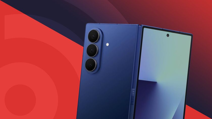 Samsung Galaxy Z Fold 7 in blue on a red TechRadar logo background