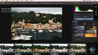 Luminar's preset effects are organised into categories accessed by a button in the bottom right corner of the screen, then displayed in a filmstrip along the bottom.