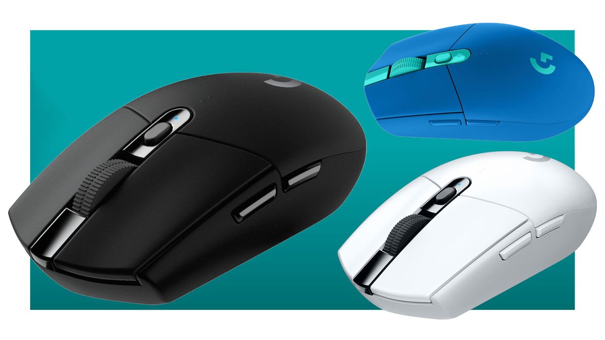 Three Logitech G305 Lightspeed gaming mice against a teal background with a white border