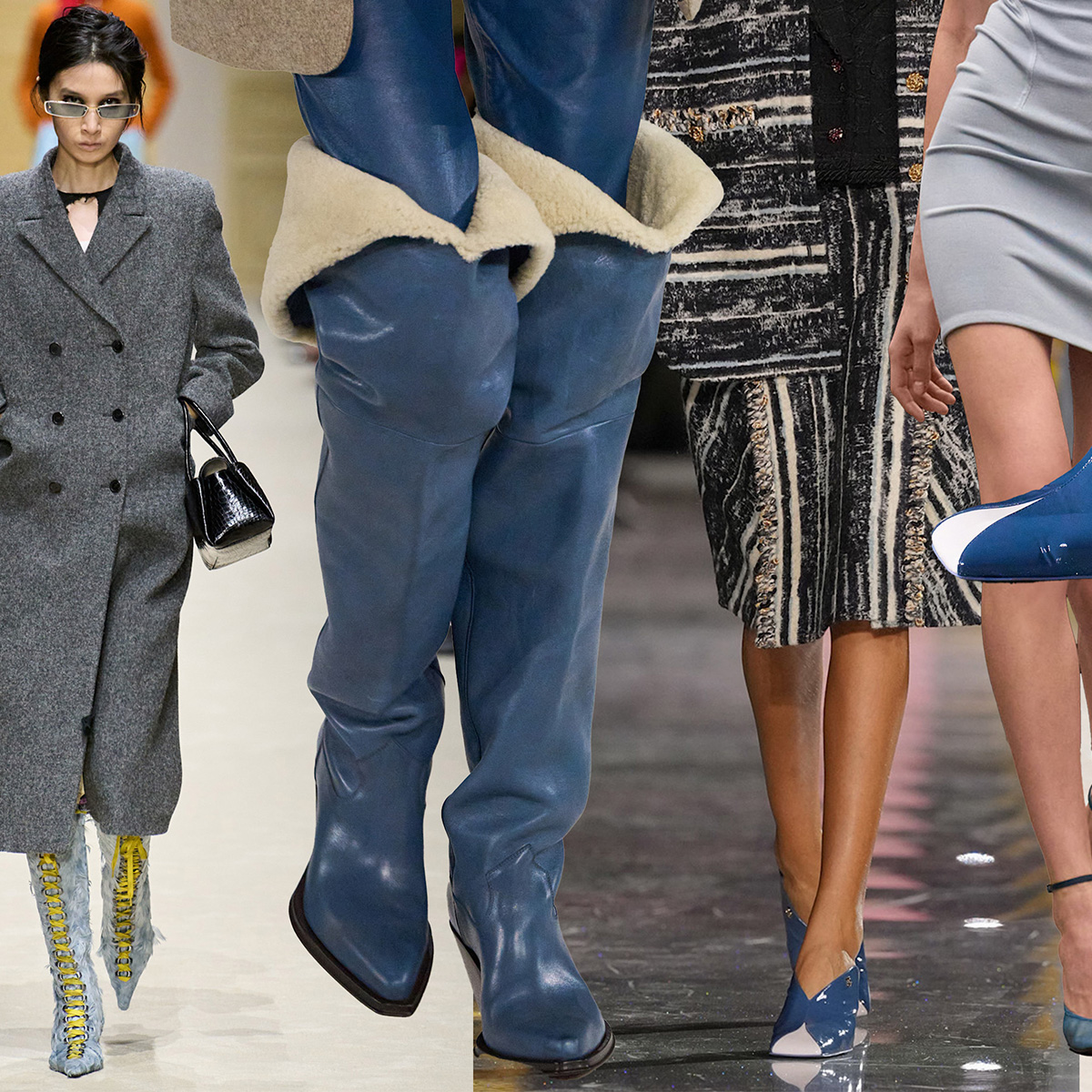 A collage showcasing the blue shoe trend on the runways at the fall/winter 2026 shows.
