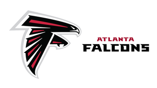 Atlanta Falcons NFL logo featuring minimalist falcon in red, white, black and grey, with computerised-style Eighties lettering.