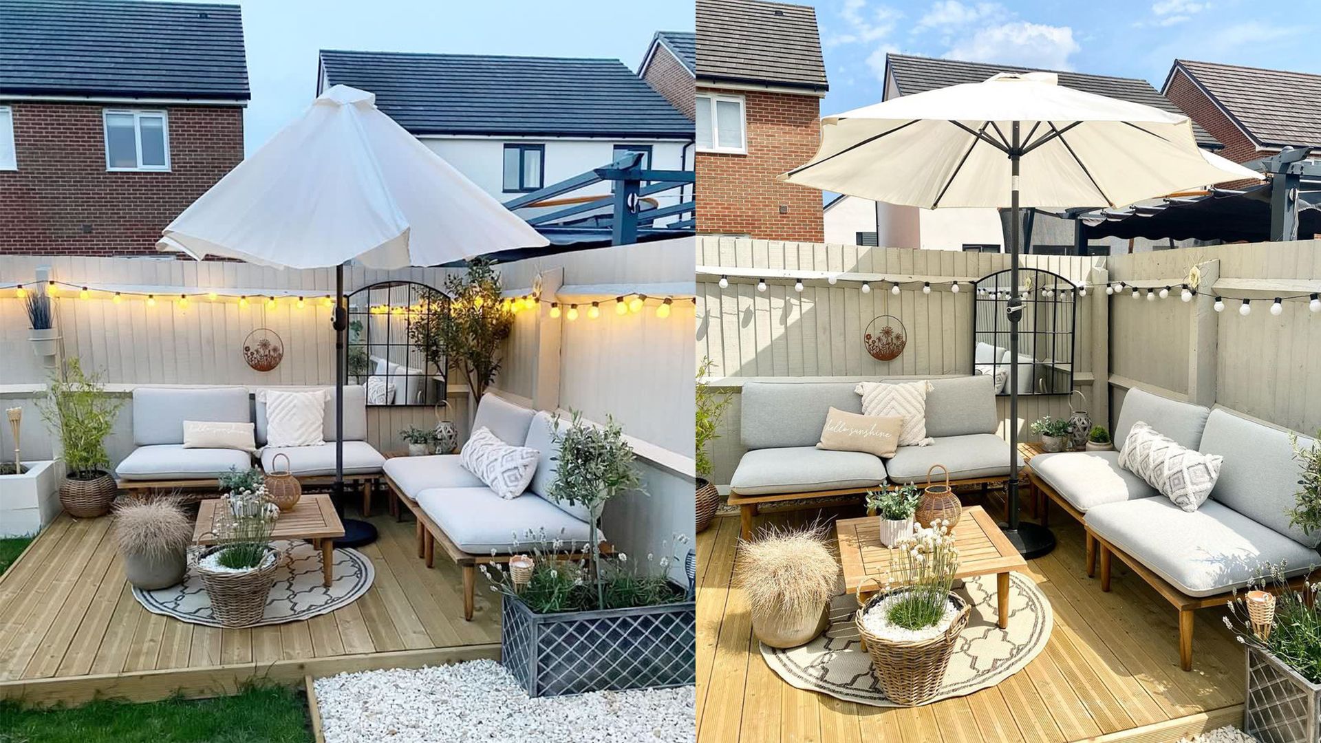 outdoor seating area surrounded by fences and decorative ornaments showing cheap ways