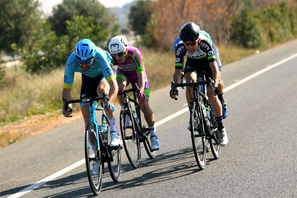VALENCIA SPAIN FEBRUARY 09 Hugo Houle of Canada and Astana Pro Team Jon Agirre of Spain and Team Equipo Kern Pharma Francesco Romano of Italy and Team BardianiCsfFaizan Sergio Samitier of Spain and Movistar Team during the 71st Volta a la Comunitat Valenciana 2020 Stage 5 a 977km stage from Paterna Valencia VueltaCV VCV2020 on February 09 2020 in Valencia Spain Photo by David RamosGetty Images