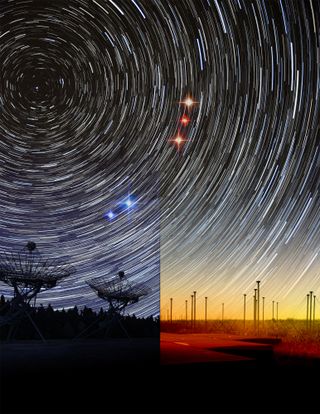 The Westerbork dishes (left) detected a periodic fast radio burst in the blue, high-frequency range of the electromagnetic spectrum. Later, the same source emitted light in the red, low-frequency range. The LOFAR telescope (right) has detected these colors for the first time.