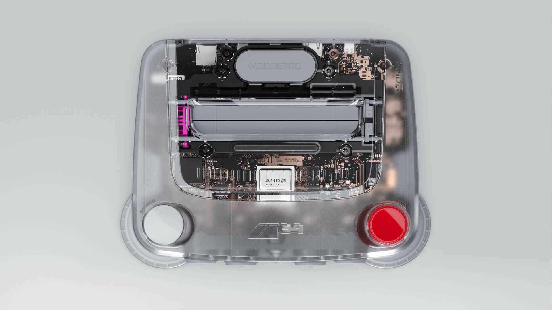 Modretro M64 white console with grey backdrop