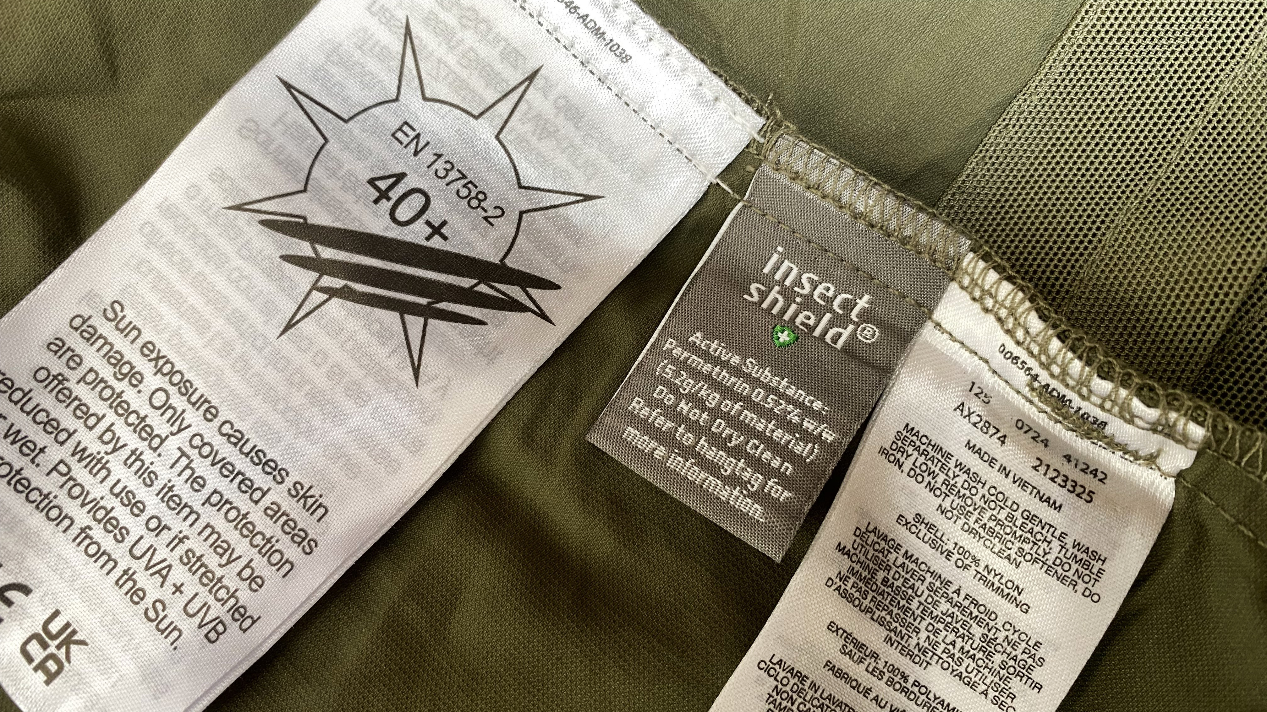 Labelling on a garment from the Columbia Insect Shield collection