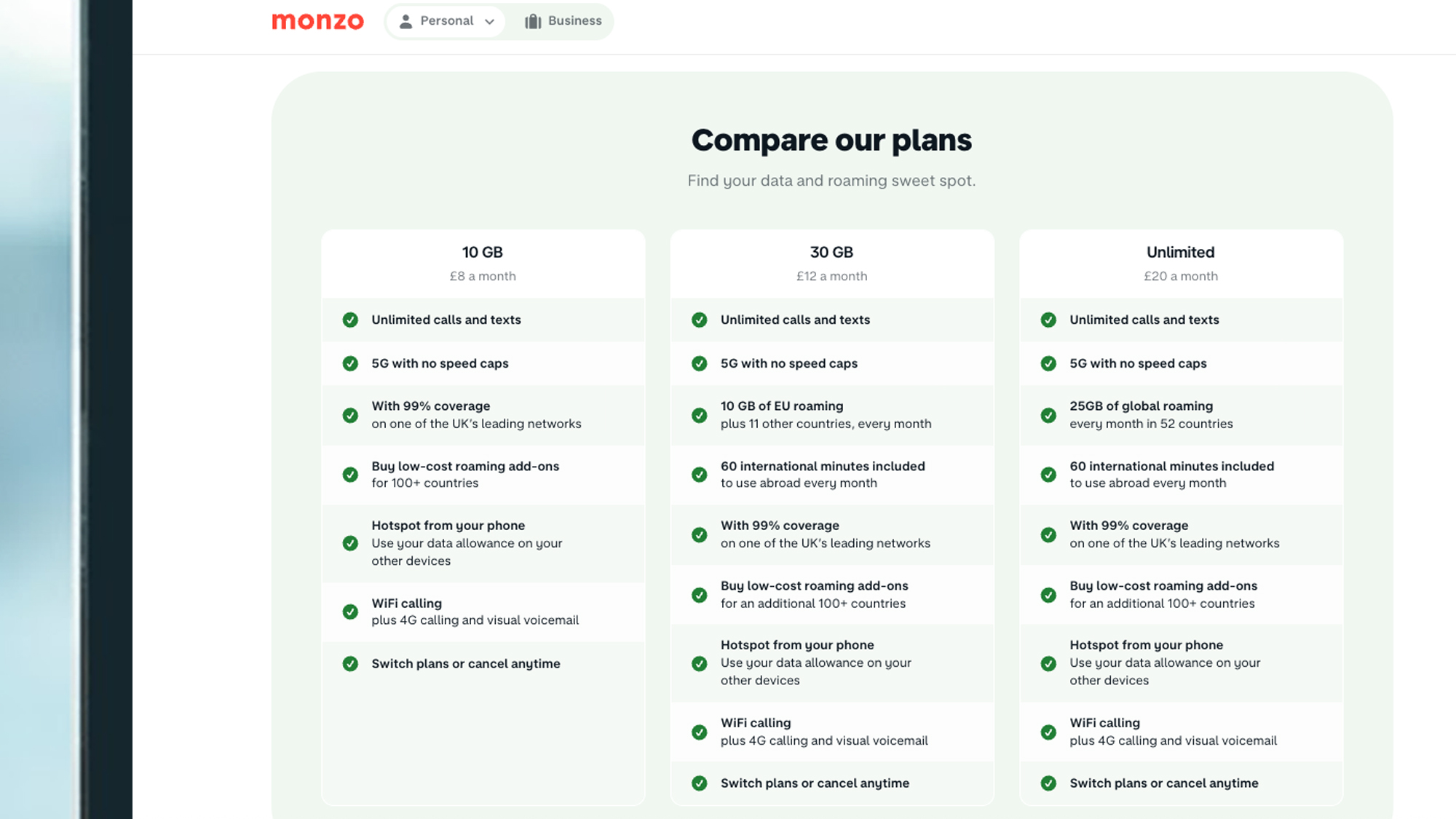 A laptop screen showing how Monzo Mobile plans break down
