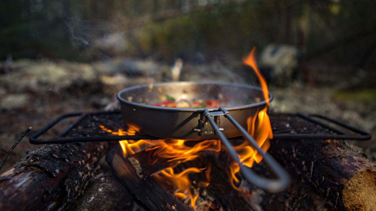 A frying pan with food in on a camp fire