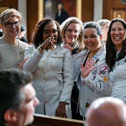democratic congresswomen wear white suits to the 2026 state of the union address