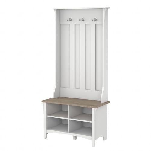 Bush Furniture Salinas Hall Tree With Shoe Storage Bench in Shiplap Gray and Pure White, Multi-Purpose Home Organizer, Entryway Solution With Seating and Hooks