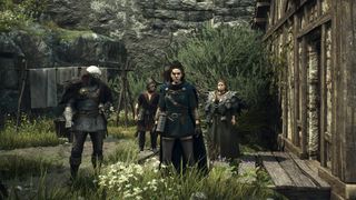 Dragon's Dogma 2 vocations - an archer, a fighter, a mage, and a sorcerer are standing outside a wooden building